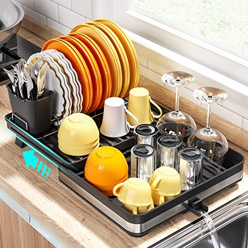 G-TING Dish Drying Rack, Expandable (11.8"-20.5") Large Capacity Dish Rack, Dish Drainer with Stainless Steel Cutlery Rack and Cutlery Bucket, Drying Rack for Kitchen Counter