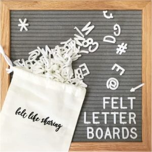 felt letter board, 10x10in changeable letter board with letters white 300 piece – felt message board, oak frame wooden letter board for baby announcements, milestones, office decor & more (gray)