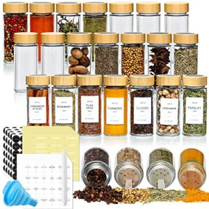 netany 24 pcs spice jars with bamboo lids – 4 oz round glass spice jars with labels , minimalist farmhouse spice labels stickers, collapsible funnel, seasoning bottles for spice rack, cabinet, drawer