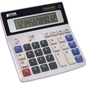 Extra Large Electronic Desktop Calculator, 12-Digit LCD Display, Angled Display Panel, by Better Office Products, 4 Function Memory Keys, Light Gray, Dual Power with Included AA Battery Power