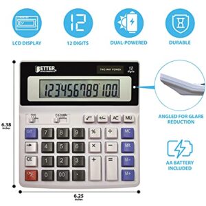 Extra Large Electronic Desktop Calculator, 12-Digit LCD Display, Angled Display Panel, by Better Office Products, 4 Function Memory Keys, Light Gray, Dual Power with Included AA Battery Power