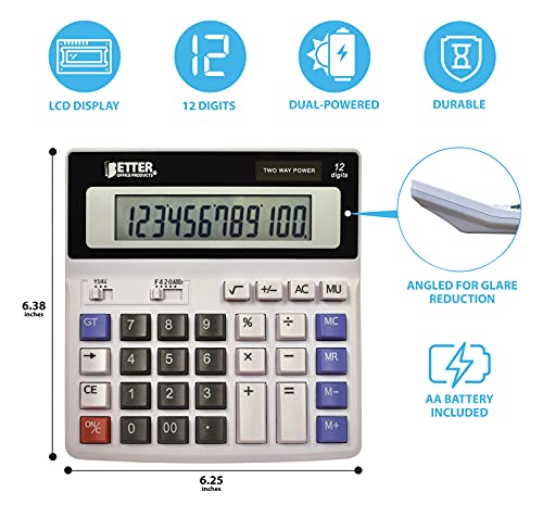 Extra Large Electronic Desktop Calculator, 12-Digit LCD Display, Angled Display Panel, by Better Office Products, 4 Function Memory Keys, Light Gray, Dual Power with Included AA Battery Power