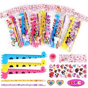 valentine’s day stationery gift for kids classroom 30 pcs assorted stationery exchange pencil eraser ruler stamper and stickers classroom prizes goodie bag party supplies with valentines gift cards