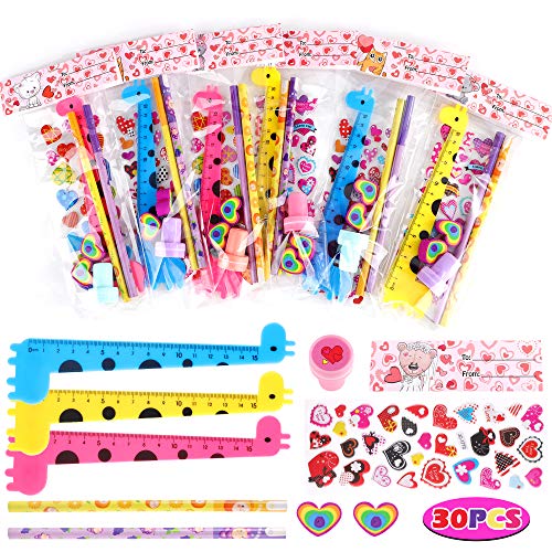 Valentine’s Day Stationery Gift for Kids Classroom 30 PCS Assorted Stationery Exchange Pencil Eraser Ruler Stamper and Stickers Classroom Prizes Goodie Bag Party Supplies with Valentines Gift Cards