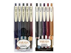 zebra sarasa clip 0.5 retractable gel ink pen, rubber grip, 0.5 mm, vintage colors, 10 color bundle (jj15-5c-vi+jj15-5c-vi2)