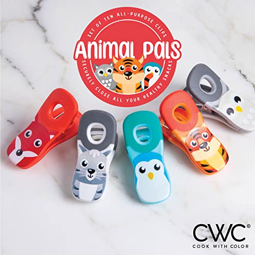 COOK WITH COLOR Cute Magnetic Bag Clips - 10 Pc. Set of Chip Clips and Snack Clips with Printed Designs- Kitchen and Food Bag Clips for Airtight Seal for Food Storage (Animal Pals)