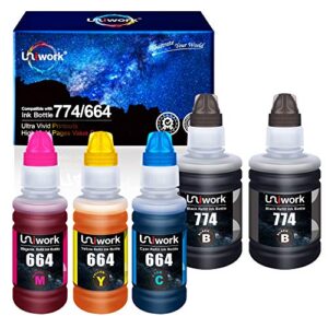 uniwork compatible refill ink bottle replacement for epson 774 664 t774 t664 for et-2650 et-2550 et-16500 et-4500 et-4550 et-3600 et-2600 et-4550 printer tray (black, cyan, magenta, yellow, 5pack)