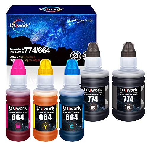 Uniwork Compatible Refill Ink Bottle Replacement for Epson 774 664 T774 T664 for ET-2650 ET-2550 ET-16500 ET-4500 ET-4550 ET-3600 ET-2600 ET-4550 Printer Tray (Black, Cyan, Magenta, Yellow, 5Pack)