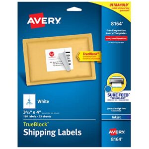 avery shipping address labels, inkjet printers, 150 labels, 3-1/3×4 labels, permanent adhesive, trueblock (8164), white