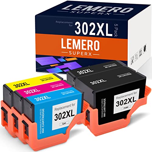 LemeroSuperx 302XL Remanufactured Ink Cartridge Replacement for Epson 302XL 302 T302XL Work for Expression Premium XP-6000 XP6000 XP-6100 XP6100 (5-Pack) XP-6100 Ink Cartridges