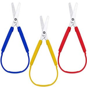 loop scissors colorful grip scissors loop handle self-opening scissors adaptive cutting scissors for children and adults special needs, 8 inches (yellow, red, blue, 3 packs)