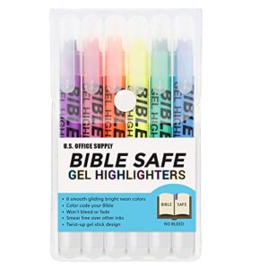 u.s. office supply bible safe gel highlighters, 6 pack set – 6 different bright neon fluorescent highlight colors yellow, orange, pink, purple, green, blue – won’t bleed, fade or smear – study guide