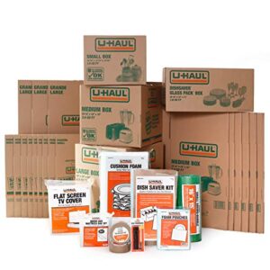 u-haul apartment moving kit – 21 boxes, 1 dish packing kit, foam pouches, tape, mattress bag, tv cover, and other assorted packing supplies