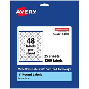 avery matte white round labels with sure feed, 1″ diameter, 1,200 matte white printable labels