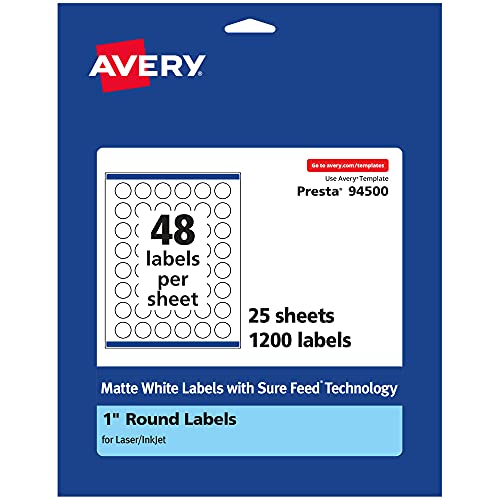 Avery Matte White Round Labels with Sure Feed, 1" diameter, 1,200 Matte White Printable Labels