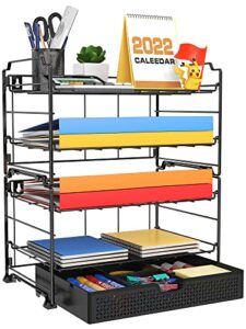 elbourn desk organizer, 4-tier office organization with drawer, desktop paper holder letter tray file organizers and accessories office supplies desk storage for office school home – black