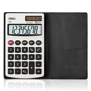 calculator, deli standard function basic calculators, solar battery dual power office calculator with cover, metal panel