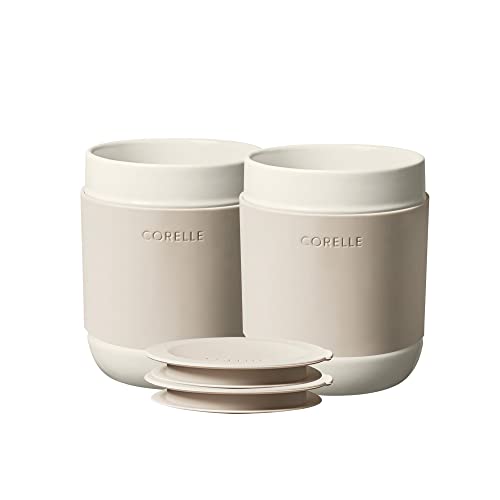 Corelle Stoneware 4-Pc Tumbler Set of 2 with Lids, Handcrafted Artisanal Travel Mug, Solid Glaze Stoneware, 13-1/2-Oz Travel Coffee Mug Set, Oatmeal