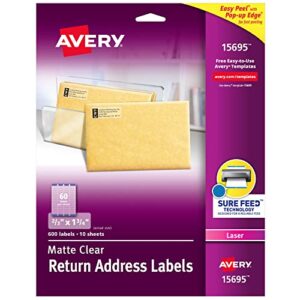 avery printable return address labels with sure feed, 2/3″ x 1-3/4″, matte clear, 600 blank mailing labels (15695)
