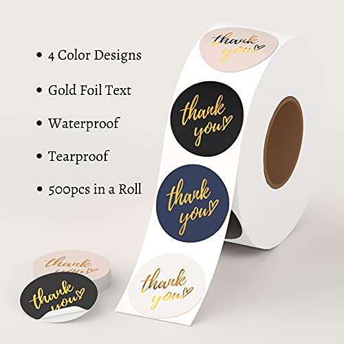 Mobiusea Party Thank You Stickers Roll | Simple and Sincere | 1.5 inch | Waterproof | 500 Labels for Small Business, Packaging, Mailer Seal Stickers | 4 Classic Colors with Gold Foil Design