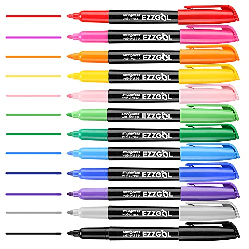 Wet Erase Markers, EZZGOL 12 Colors Bullet Tip Wine Glass Markers, Overhead Transparency Smudge-Free Markers For Dry Erase Whiteboards Schedule Glass and Any Kind of Wet Erase Surface, Wipe with Water