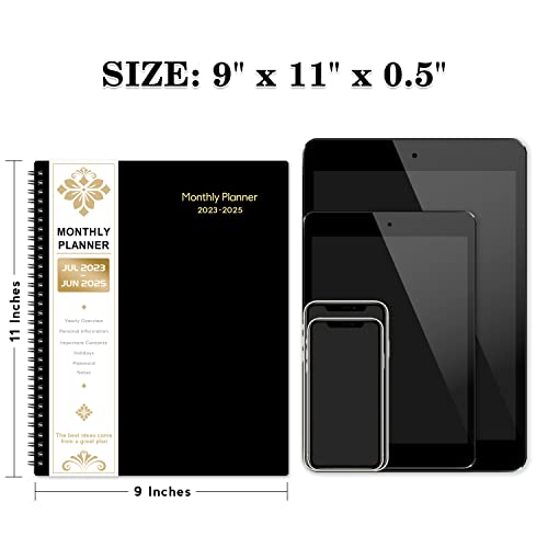 Monthly Planner 2023-2025 - 2023-2025 Monthly Planner With Tabs, Jul. 2023- Jun. 2025, 9" x 11", 24-Month Planner with Pocket & Label, Contacts and Passwords, Thick Paper, Twin-Wire Binding - Black by Artfan