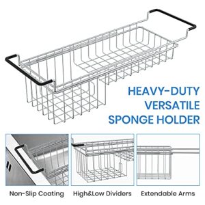 TreeLen Sink Caddy Sponge Holder Kitchen Sink Organizer Sponge Caddy Farmhouse Sink Accessories Rag Detergent Brush Dishwashing Liquid Rack Expandable 14-3/4" to 20" Stainless Steel