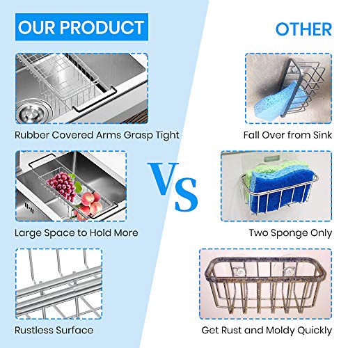 TreeLen Sink Caddy Sponge Holder Kitchen Sink Organizer Sponge Caddy Farmhouse Sink Accessories Rag Detergent Brush Dishwashing Liquid Rack Expandable 14-3/4" to 20" Stainless Steel