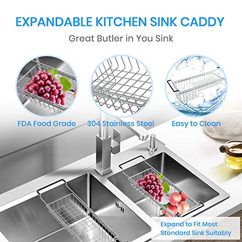 TreeLen Sink Caddy Sponge Holder Kitchen Sink Organizer Sponge Caddy Farmhouse Sink Accessories Rag Detergent Brush Dishwashing Liquid Rack Expandable 14-3/4" to 20" Stainless Steel