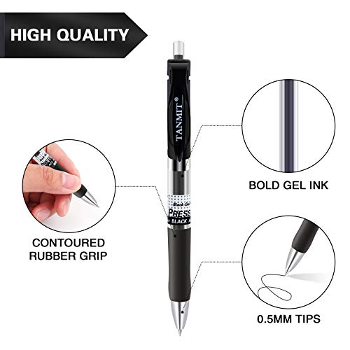 Tanmit Gel Pens Retractable Black Ink Rollerball Pens, Fine Point Ballpoint Writing Pen for Office - 0.5mm Tips with Comfort Grip (18-Pack)