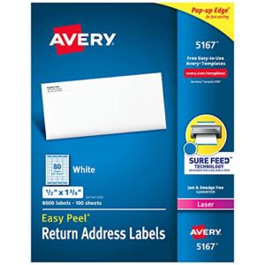 avery address labels with sure feed for laser printers, 0.5″ x 1.75″, 8,000 labels, permanent adhesive (5167)