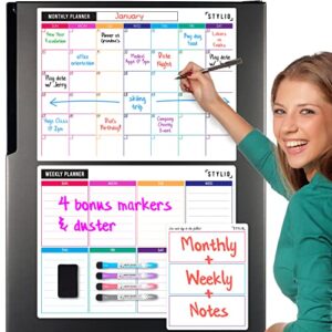 stylio dry erase calendar whiteboard. set of 3 magnetic calendars for fridge: monthly, weekly organizer & daily notepad. refrigerator & wall family calendar. 4 fine point markers & eraser included