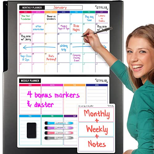 STYLIO Dry Erase Calendar Whiteboard. Set of 3 Magnetic Calendars for Fridge: Monthly, Weekly Organizer & Daily Notepad. Refrigerator & Wall Family Calendar. 4 Fine Point Markers & Eraser Included