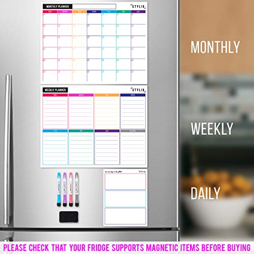 STYLIO Dry Erase Calendar Whiteboard. Set of 3 Magnetic Calendars for Fridge: Monthly, Weekly Organizer & Daily Notepad. Refrigerator & Wall Family Calendar. 4 Fine Point Markers & Eraser Included