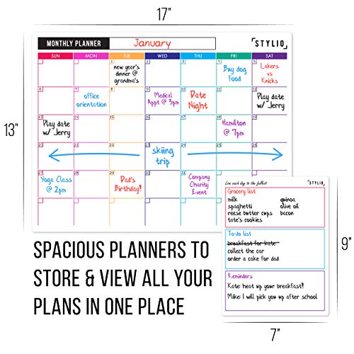 STYLIO Dry Erase Calendar Whiteboard. Set of 3 Magnetic Calendars for Fridge: Monthly, Weekly Organizer & Daily Notepad. Refrigerator & Wall Family Calendar. 4 Fine Point Markers & Eraser Included