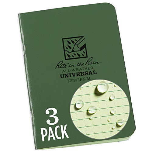 Rite in the Rain Weatherproof Mini-Stapled Notebook, 3 1/4" x 4 5/8", Green Cover, Universal Pattern, 3 Pack (No. 971FX-M), 4.625 x 3.5 x 0.125