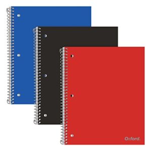 oxford spiral notebooks, 1 subject, college ruled paper, durable plastic cover, 100 sheets, divider pocket, 3 per pack (10390), red, black and blue