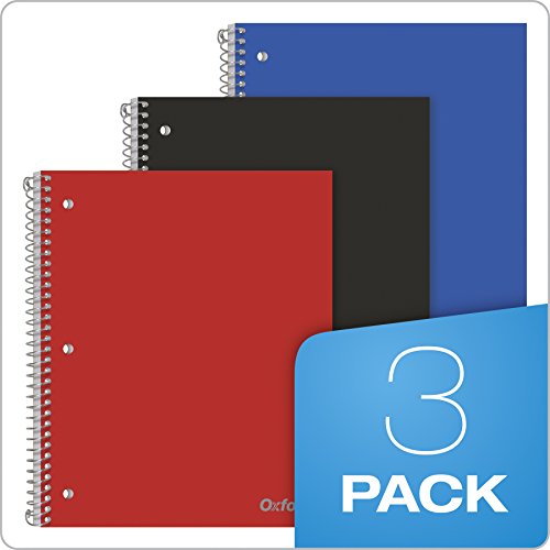Oxford Spiral Notebooks, 1 Subject, College Ruled Paper, Durable Plastic Cover, 100 Sheets, Divider Pocket, 3 per Pack (10390), Red, Black and Blue