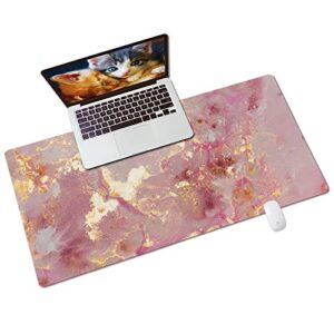 qiyi large mouse pad, cute pink desk mat for desktop, women girls pu leather waterproof gaming mousepad, rose gold marble computer pc laptop protector writing pads for school office home 31.5″ x 15.7″