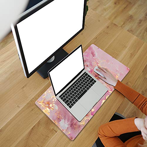 QIYI Large Mouse Pad, Cute Pink Desk Mat for Desktop, Women Girls PU Leather Waterproof Gaming Mousepad, Rose Gold Marble Computer PC Laptop Protector Writing Pads for School Office Home 31.5" x 15.7"