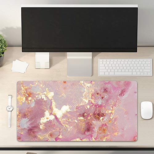 QIYI Large Mouse Pad, Cute Pink Desk Mat for Desktop, Women Girls PU Leather Waterproof Gaming Mousepad, Rose Gold Marble Computer PC Laptop Protector Writing Pads for School Office Home 31.5" x 15.7"