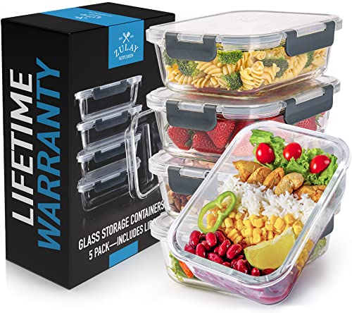 Zulay Kitchen 5 Pack Leak-Proof Glass Food Storage Containers - 36 oz Thick & Durable Glass Meal Prep Containers - Airtight Easy to Clean Glass Storage Containers With Lids