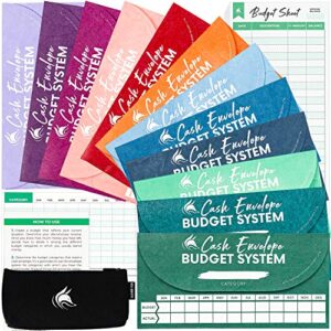 clever fox cash envelopes for budget system – money envelopes for budgeting and saving, tear and water resistant, includes carry pouch & 12 expense tracking budget sheets, 12 pack – assorted colors