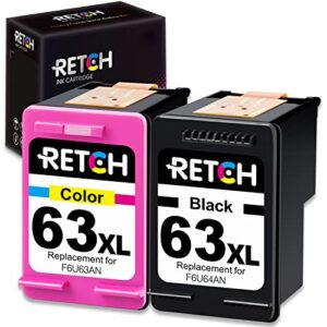 retch remanufactured ink cartridge replacement for hp 63 ink 63xl compatible with officejet 3830 5255 5258 envy 4520 4512 4513 4516 deskjet 1112 1110 3630 3632 3634 2132 printer (1 black, 1 tri-color)