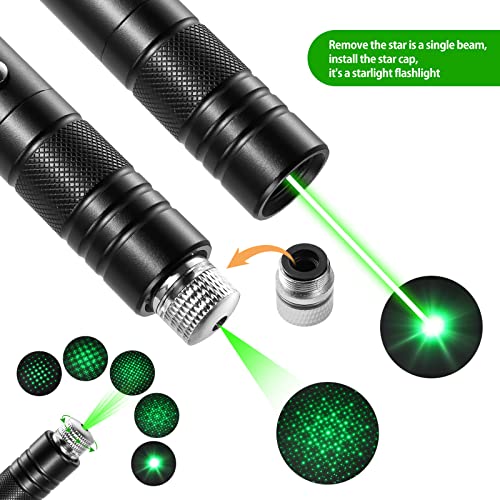 Green Laser Pointer High Power Rechargeable Lazer Pointer, Laser Pen with Long Range Adjustable Focus with Star Cap, Laser Pointer Pen Suitable for Outdoor, Astronomy, Cats Dogs