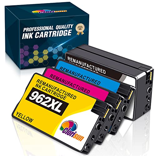 Clorisun 962 962XL Upgraded Remanufactured Ink Cartridge for HP 962XL with Newest Chip OfficeJet Pro 9010 9015 9018 9025 9020 9012 9014 9016 9022 Printer (Black Cyan Magenta Yellow 4-Pack)