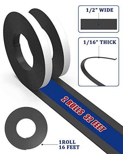 Magnetic Tape 2 Rolls 32ft Magnets with Strong Adhesive Backing Anisotropic Flexible Magnetic Strip(1rolls 16 feet x 1/2" Wide x 1/16" Thick)