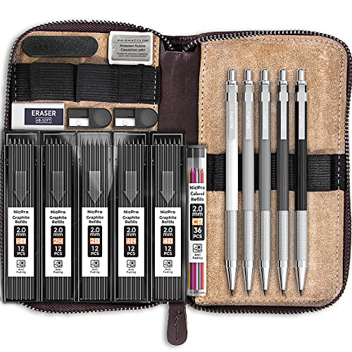 Nicpro 17PCS Metal 2mm Mechanical Pencil Set in Leather Case, 2.0 mm Lead Pencil Holders (4B 2B HB 2H 4H) 6 Tube Black Lead Refills & Colored Lead, Erasers,Sharpener For Art Drafting Sketching Drawing