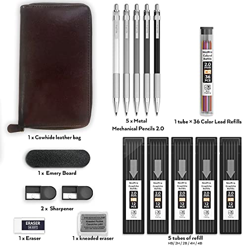 Nicpro 17PCS Metal 2mm Mechanical Pencil Set in Leather Case, 2.0 mm Lead Pencil Holders (4B 2B HB 2H 4H) 6 Tube Black Lead Refills & Colored Lead, Erasers,Sharpener For Art Drafting Sketching Drawing