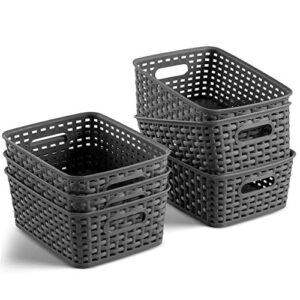 set of 6 plastic storage baskets – small pantry organizer basket bins – household organizers with cutout handles for kitchen organization, countertops, cabinets, bedrooms, and bathrooms